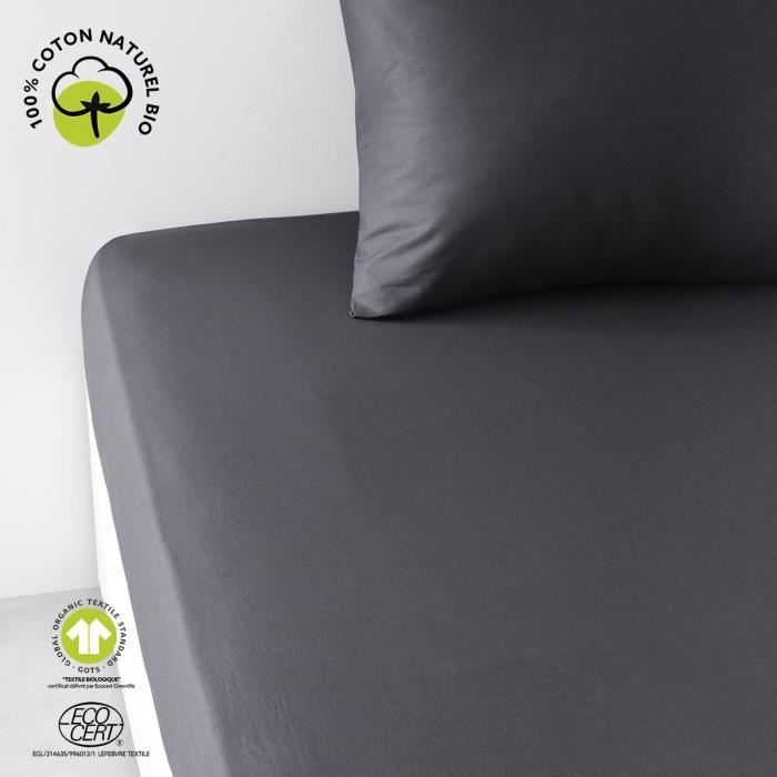 Drap housse - TODAY - 180 x 200 cm + 30 cm - Coton - Organic Fusain