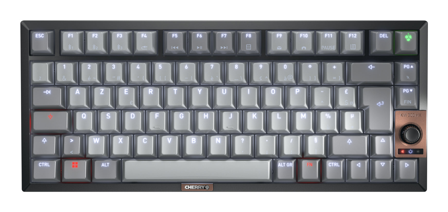 CHERRY KW 300 MX - Clavier - 75% - compact - rétro-éclairé - sans fil - Bluetooth 5.2, USB-C - AZERTY - Français - commutateur : CHERRY MX2A Silent Red - noir