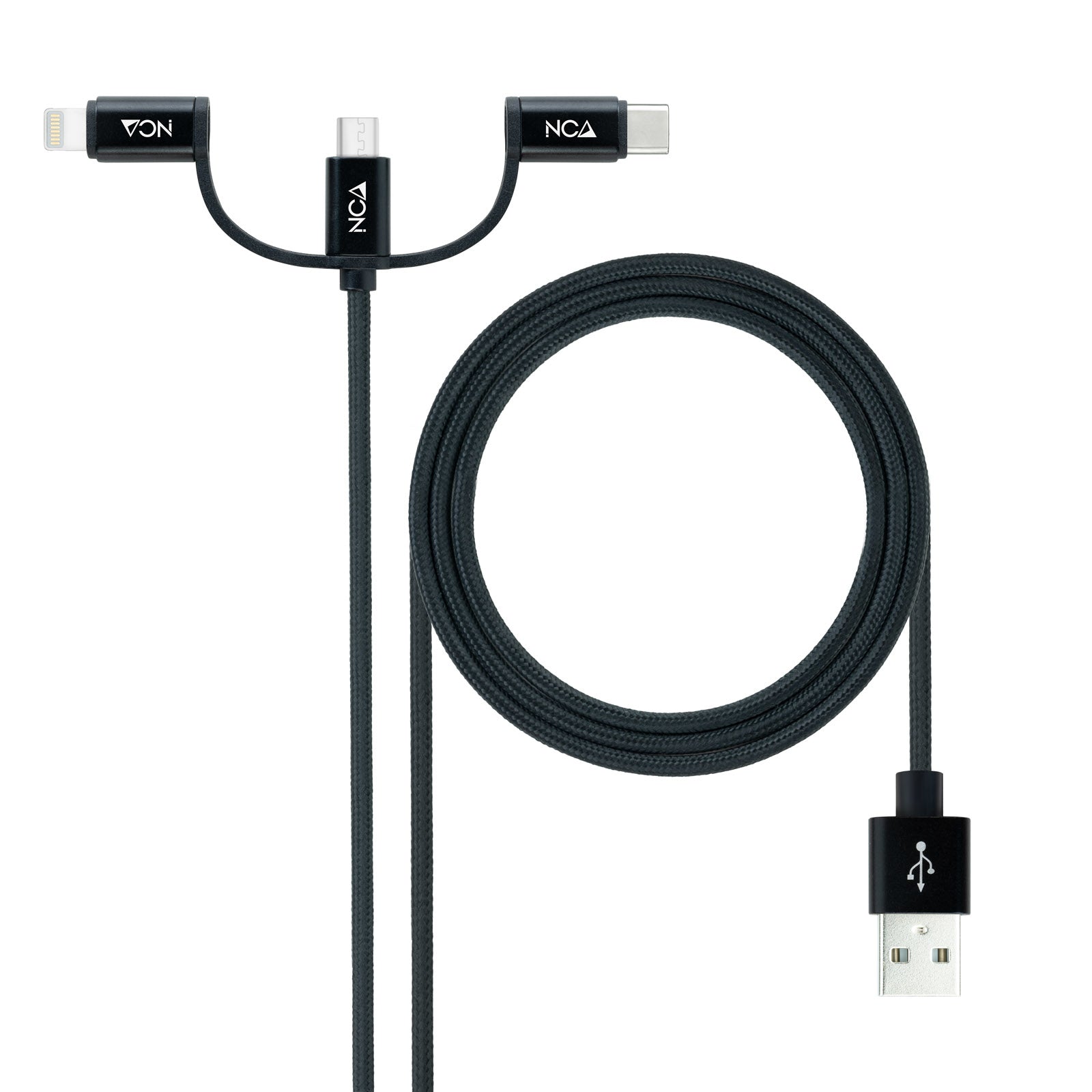 Cable 3en1 Nanocable USB-A 2.0 vers Micro USB, Type C & Lightning M/M 1m (Noir)