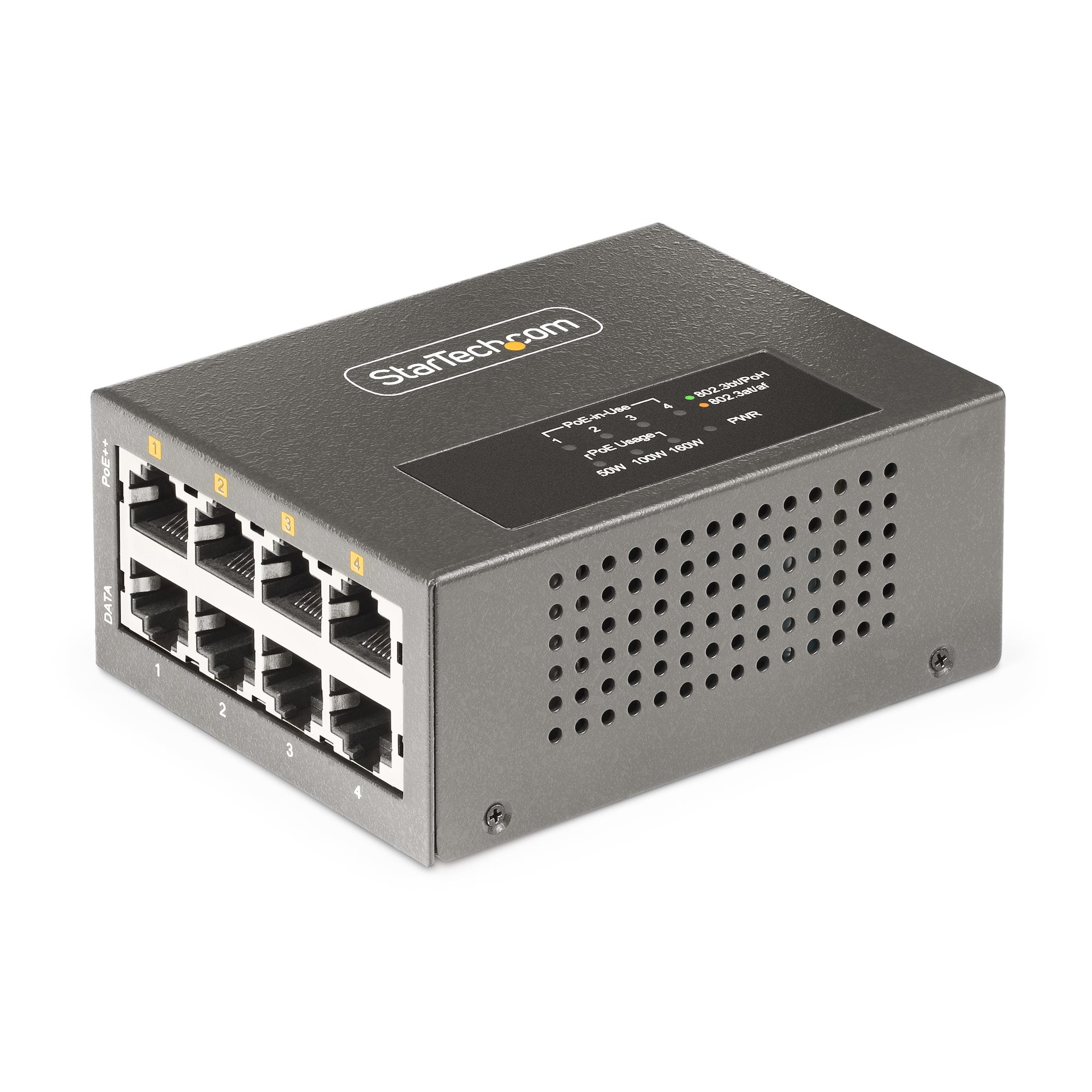 StarTech.com Injecteur PoE++ Multi-Gigabit 4 Ports, Jusqu'à 5G et 95W Max - Injecteur de puissance (montage sur rail DIN / mural) - 160 Watt - connecteurs de sortie : 4 - noir - Conformité TAA