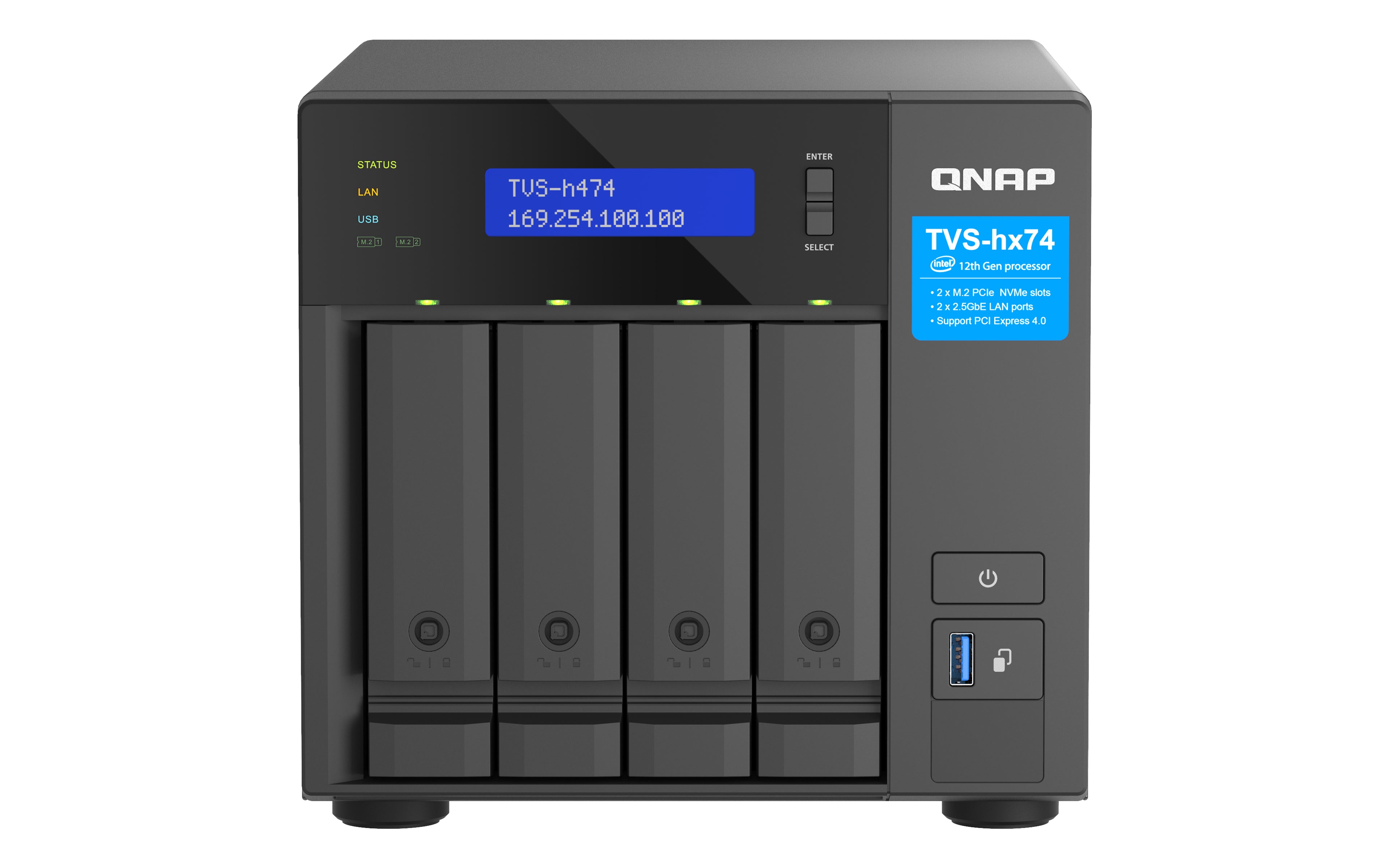 QNAP TVS-H474 - Serveur NAS - 4 Baies - SATA 6Gb/s - RAID JBOD, 0, 1, 5, 6, 10, TM, RAID TP - RAM 8 Go - Gigabit Ethernet / 2.5 Gigabit Ethernet - iSCSI support