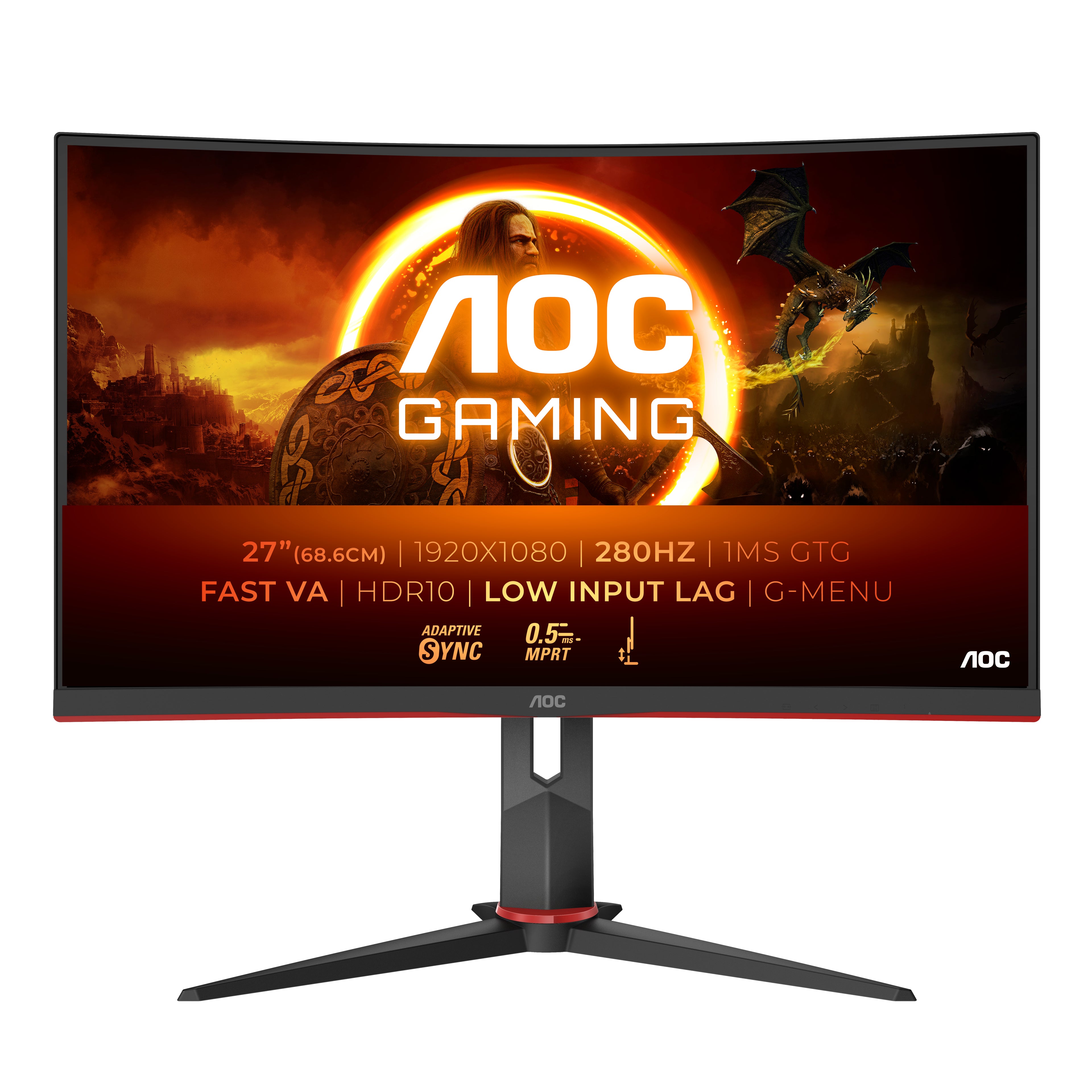 AOC Gaming C27G2Z3/BK - Écran LED - jeux - incurvé - 27" - 1920 x 1080 Full HD (1080p) @ 280 Hz - Fast VA - 300 cd/m² - 4000:1 - HDR10 - 0.5 ms - 2xHDMI, DisplayPort - noir, rouge