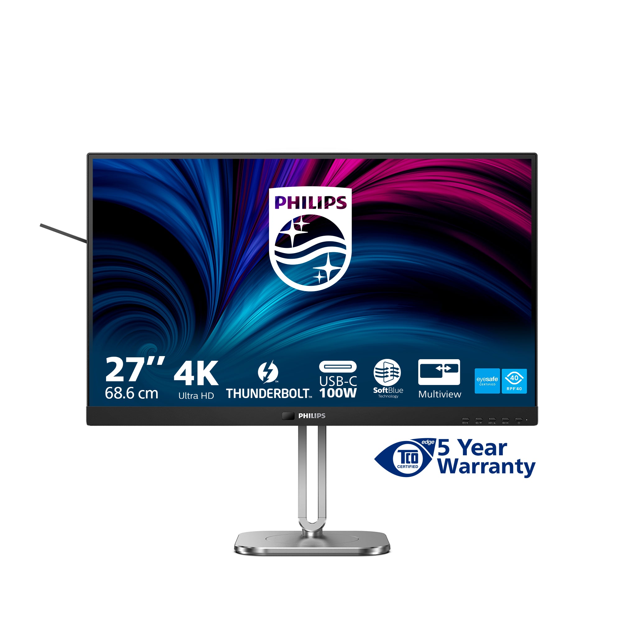 Philips 27B2U6903 - 6000 Series - écran LED - 27" - 3840 x 2160 4K UHD (2160p) @ 60 Hz - IPS - 350 cd/m² - 1000:1 - 4 ms - Thunderbolt 4, 2xHDMI, DisplayPort - haut-parleurs - argent, Charbon