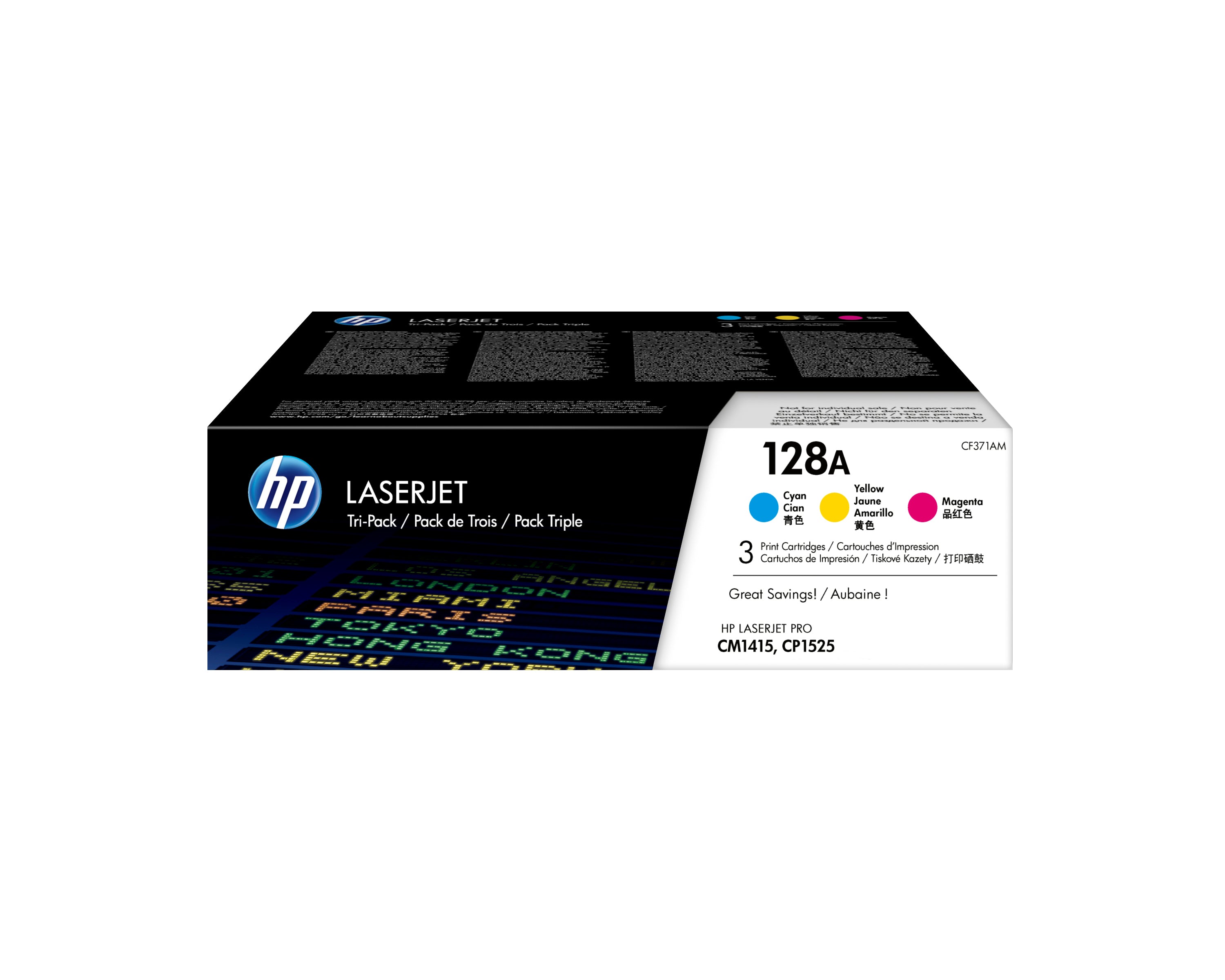 HP 128A - Pack de 3 - jaune, cyan, magenta - original - LaserJet - cartouche de toner (CF371AM) - pour Color LaserJet Pro CP1525n, CP1525nw; LaserJet Pro CM1415fn, CM1415fnw