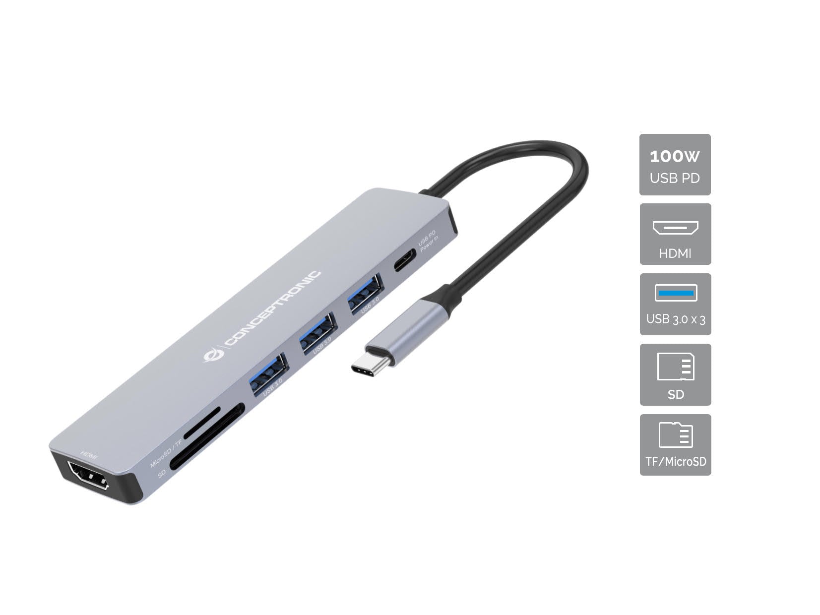 Hub USB Conceptronic 110519207101 Gris 100 W
