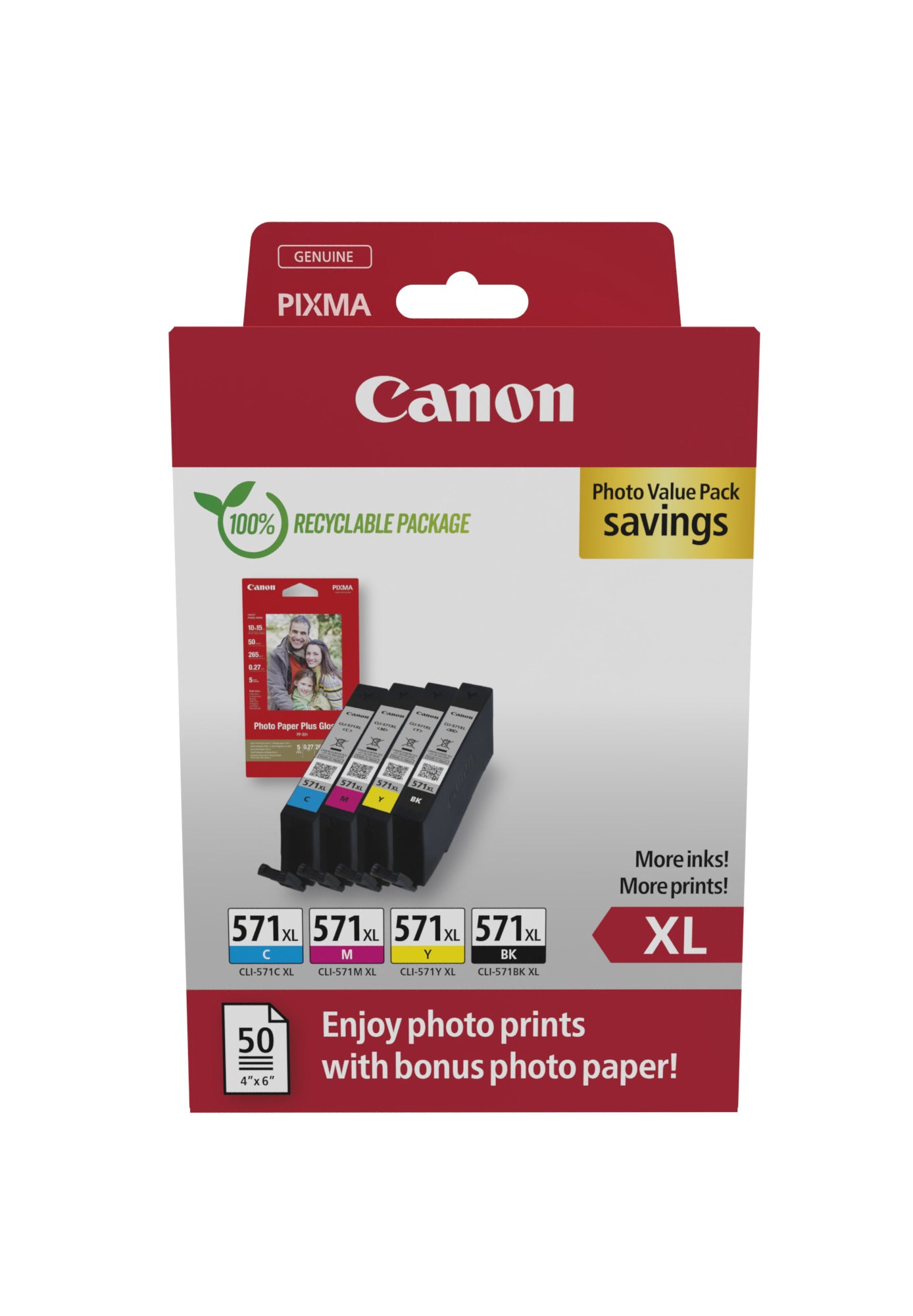 Canon CLI-571 XL C/M/Y/BK Photo Value Pack - Pack de 4 - 11 ml - à rendement élevé - noir, jaune, cyan, magenta - original - boîte de suspension - réservoir d'encre/kit papiers - pour PIXMA TS5051, TS5053, TS5055, TS6050, TS6051, TS6052, TS8051, TS8052, T