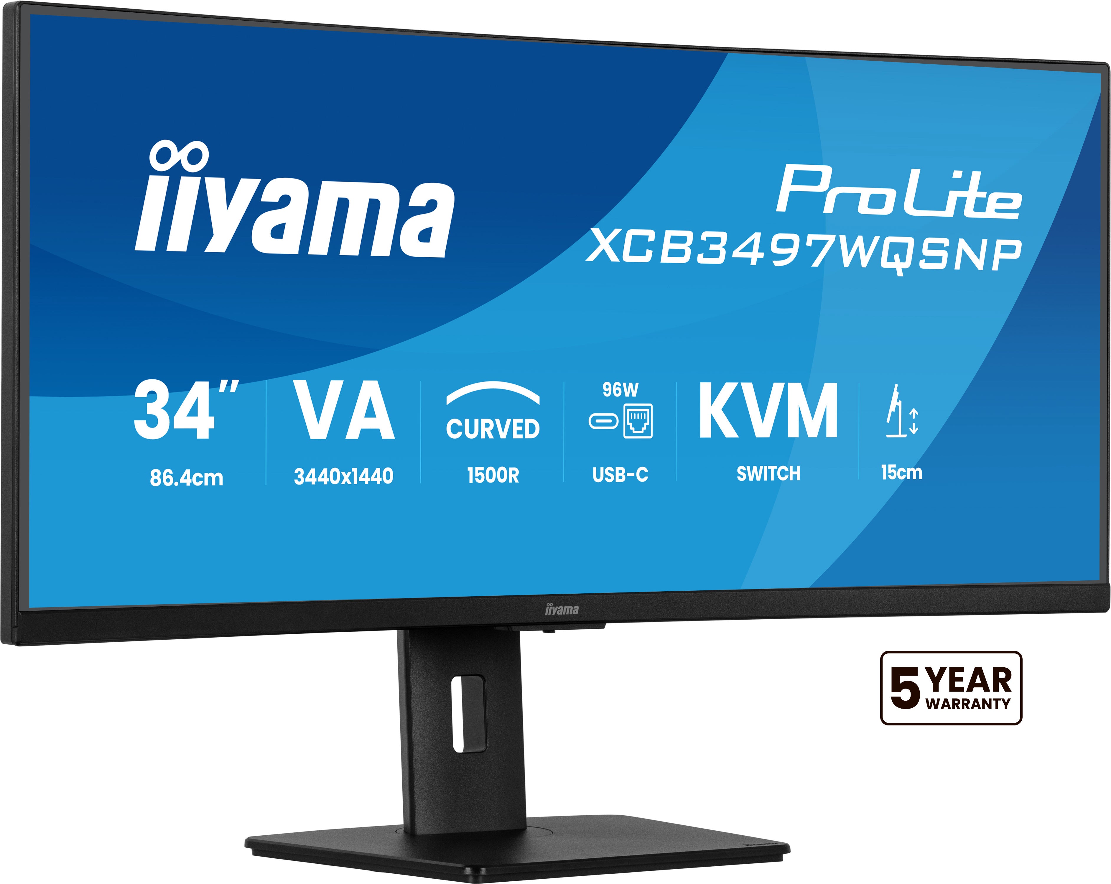 iiyama ProLite XCB3497WQSNP-B1 - Écran LED - incurvé - 34" - 3440 x 1440 UWQHD @ 120 Hz - VA - 350 cd/m² - 3000:1 - 0.4 ms - HDMI, DisplayPort, USB-C - haut-parleurs - noir mat