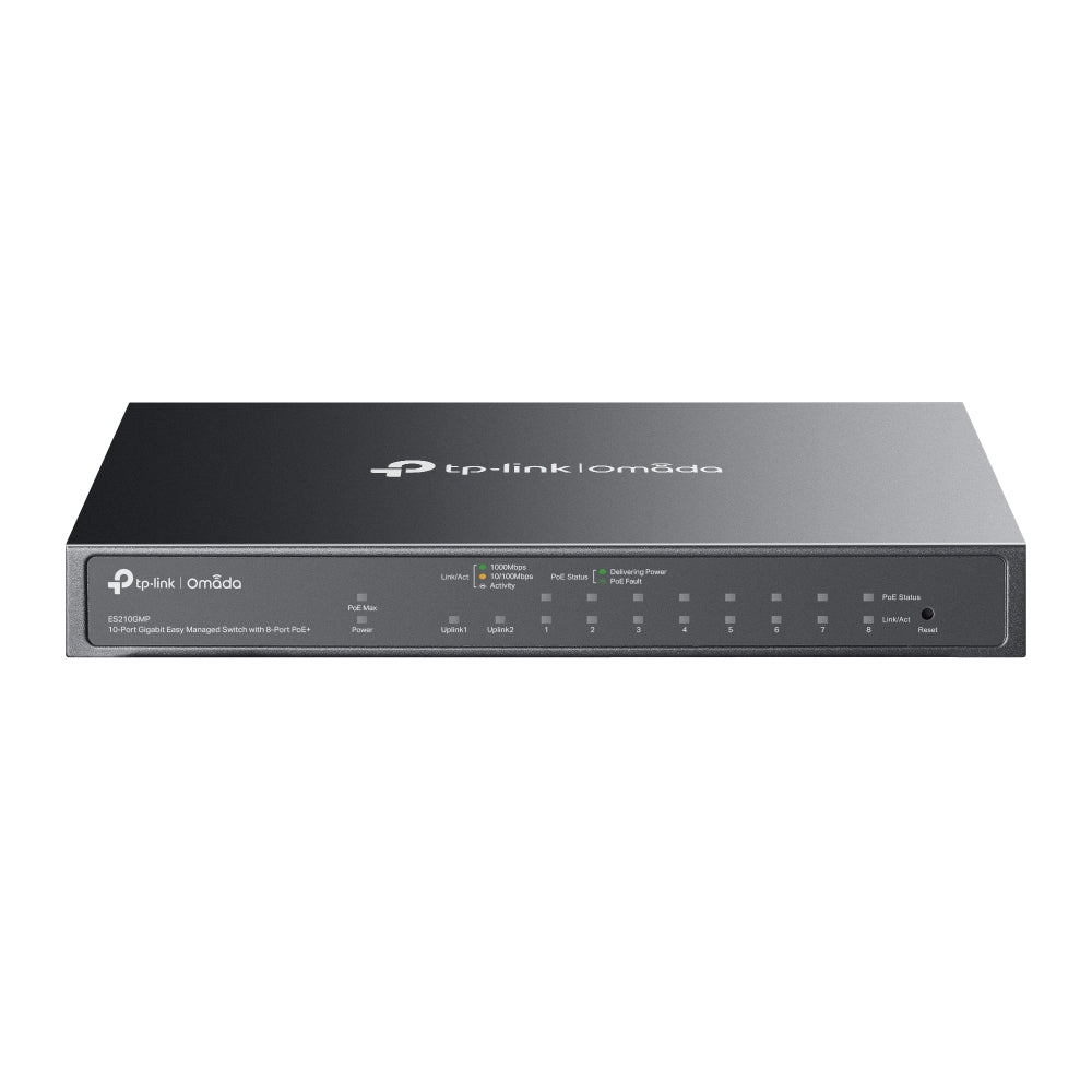 TP-Link Omada ES210GMP V1 - Commutateur - Géré - 8 x 10/100/1000 (PoE+) + 1 x 10/100/1000 + 1 x combo Gigabit SFP/RJ-45 (liaison montante) - de bureau, fixation murale - PoE+ (123 W)