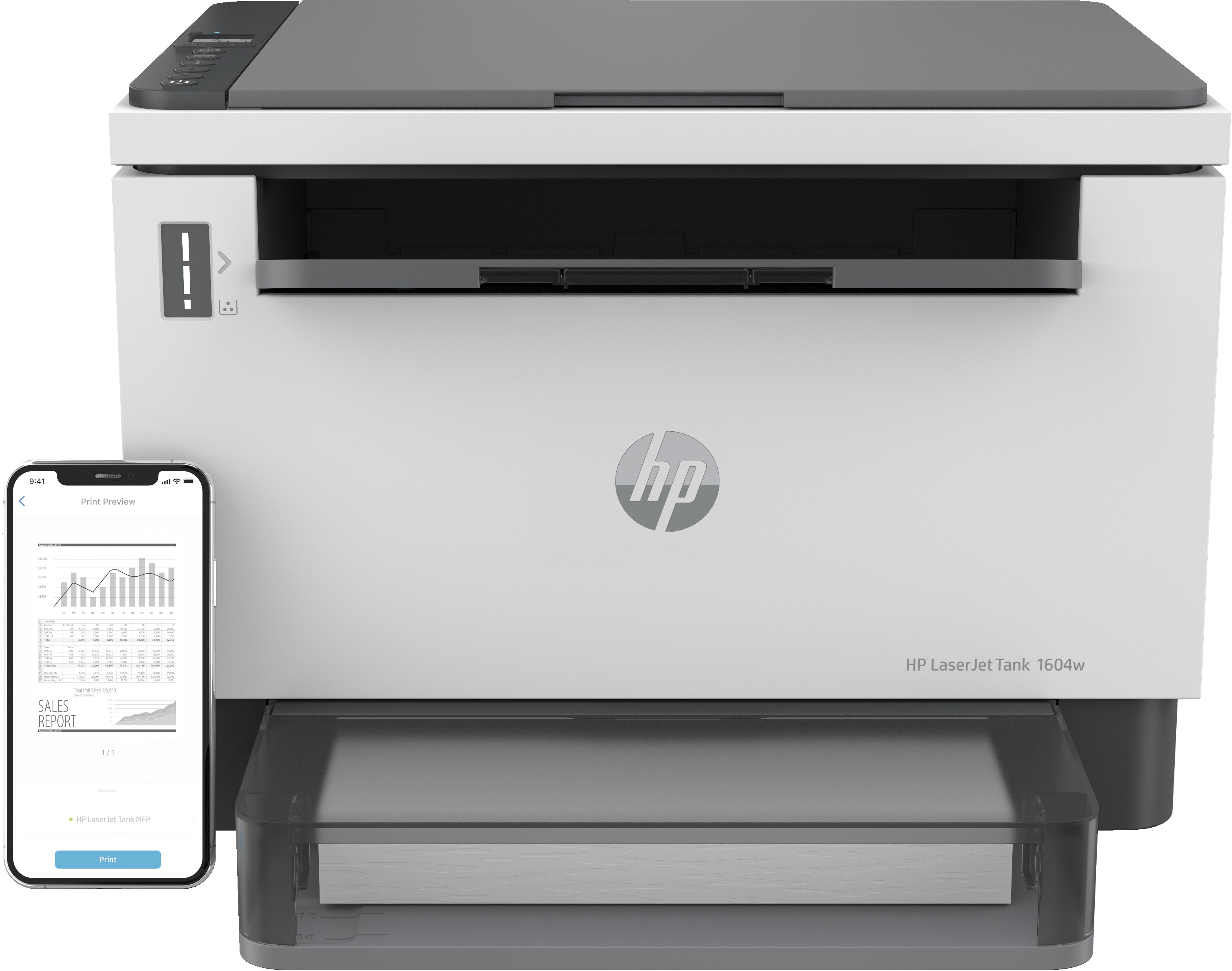 HP LaserJet Tank MFP 1604w - Imprimante multifonctions - Noir et blanc - laser - 216 x 297 mm (original) - A4/Legal (support) - jusqu'à 14 ppm (copie) - jusqu'à 22 ppm (impression) - 150 feuilles - USB 2.0, LAN, Wi-Fi(n), Bluetooth