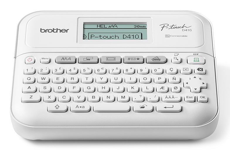 Brother P-Touch PT-D410VP - Étiqueteuse - Noir et blanc - transfert thermique - 18 mm de large - 180 dpi - jusqu'à 20 mm/sec - USB - outil de coupe - impression miroir, impression verticale - blanc
