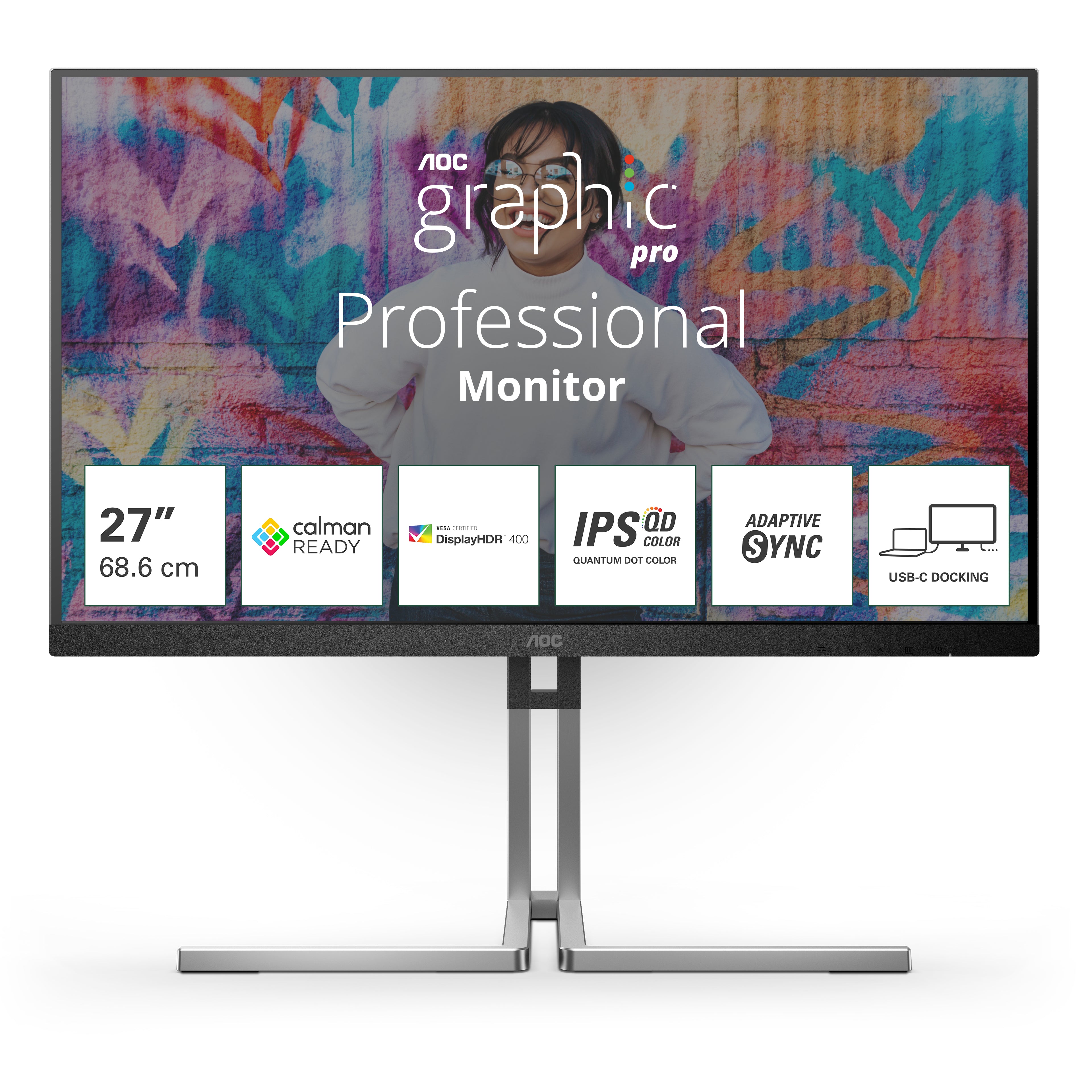AOC Q27U3CV - Graphic Pro Series - écran LED - 27" - 2560 x 1440 QHD @ 75 Hz - IPS - 1000:1 - DisplayHDR 400 - 4 ms - HDMI, DisplayPort, USB-C - haut-parleurs - noir