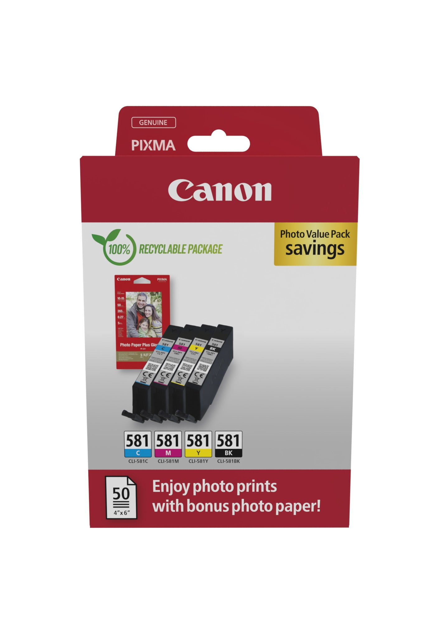 Canon CLI-581 C/M/Y/BK Photo Value Pack - Pack de 4 - 5.6 ml - noir, jaune, cyan, magenta - original - boîte - réservoir d'encre/kit papiers - pour PIXMA TS6251, TS6350, TS6351, TS705, TS8252, TS8350, TS8351, TS8352, TS9550, TS9551