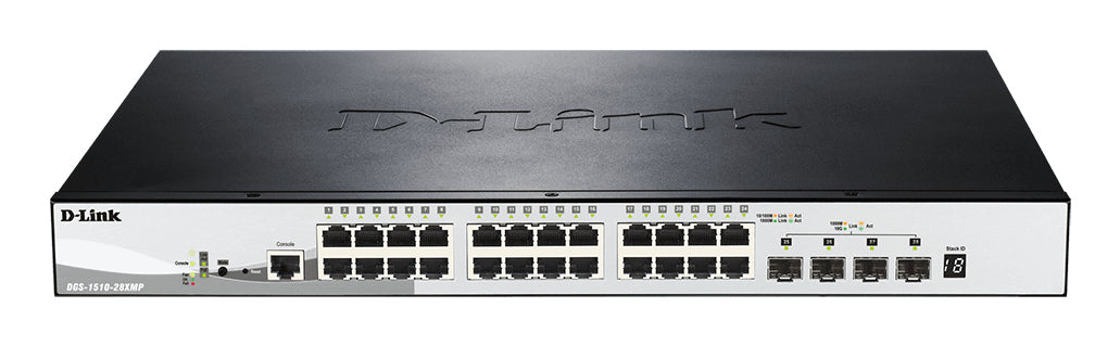 D-Link DGS 1510-28XMP - Commutateur - C3 - intelligent - 24 x 10/100/1000 (PoE+) + 4 x 10 Gigabit SFP+ - de bureau, Montable sur rack - PoE+ (370 W)