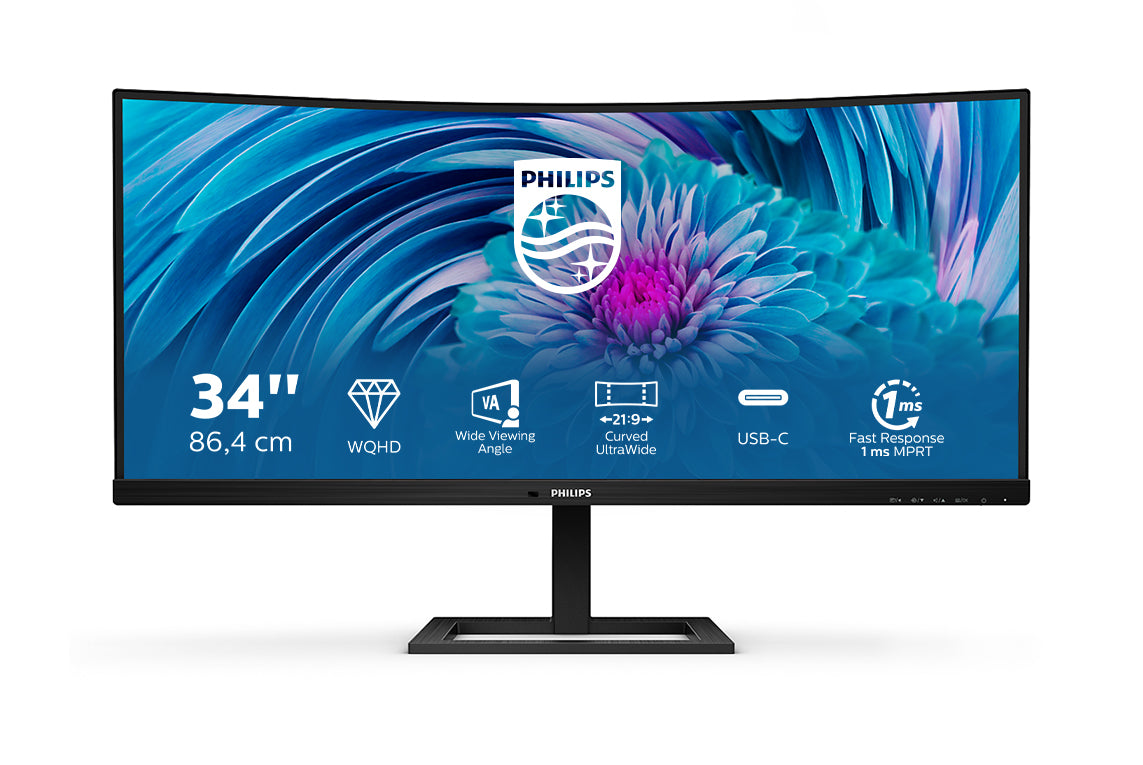 Philips E-line 346E2CUAE - Écran LED - incurvé - 34" - 3440 x 1440 UWQHD @ 100 Hz - VA - 300 cd/m² - 3000:1 - 1 ms - HDMI, DisplayPort, USB-C - haut-parleurs - noir texturé
