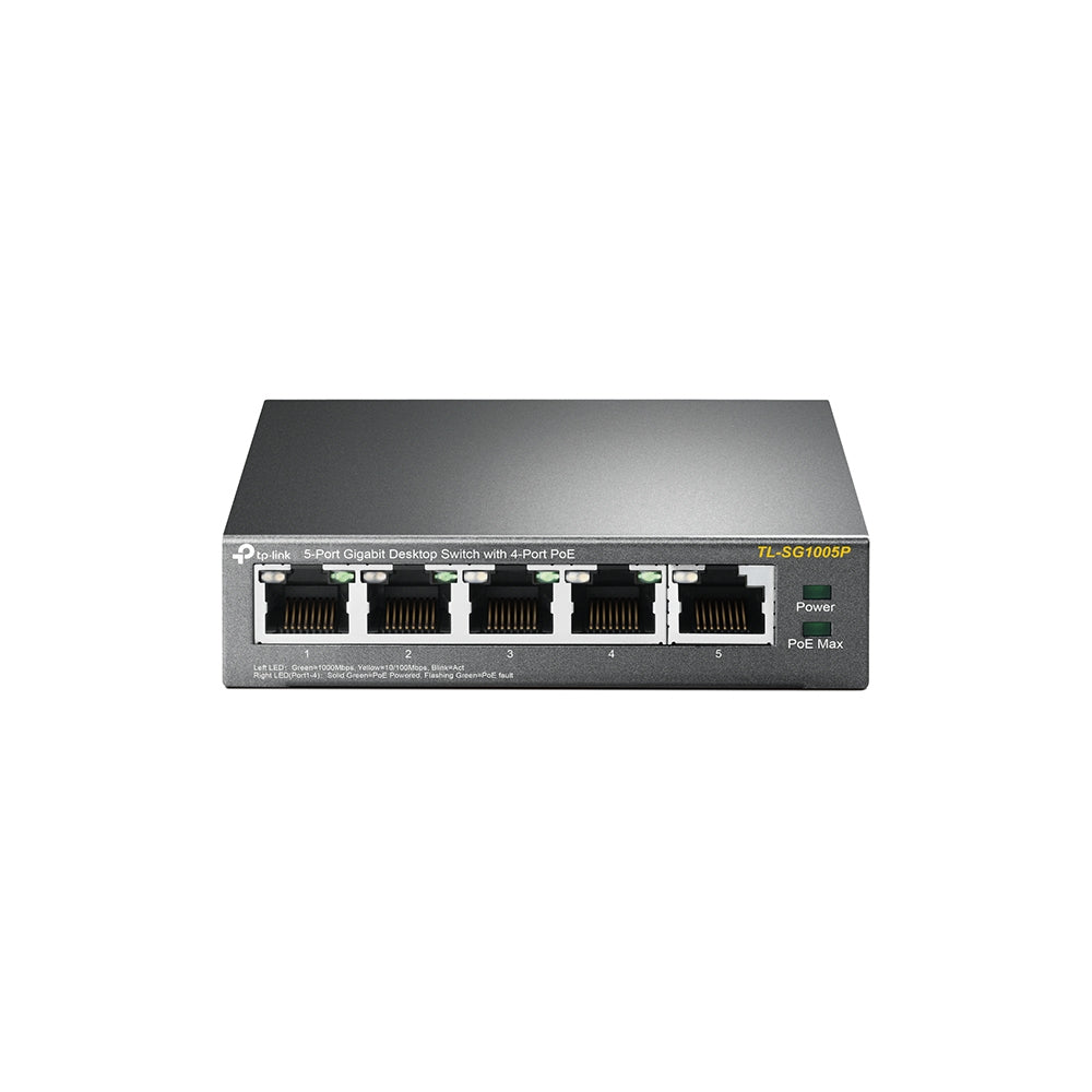 TP-LINK - 5-Port Gigabit Desktop Switch with 4-Port PoE, 5 Gigabit RJ45 ports including 4 PoE ports, 56W PoE Power supply, steel case