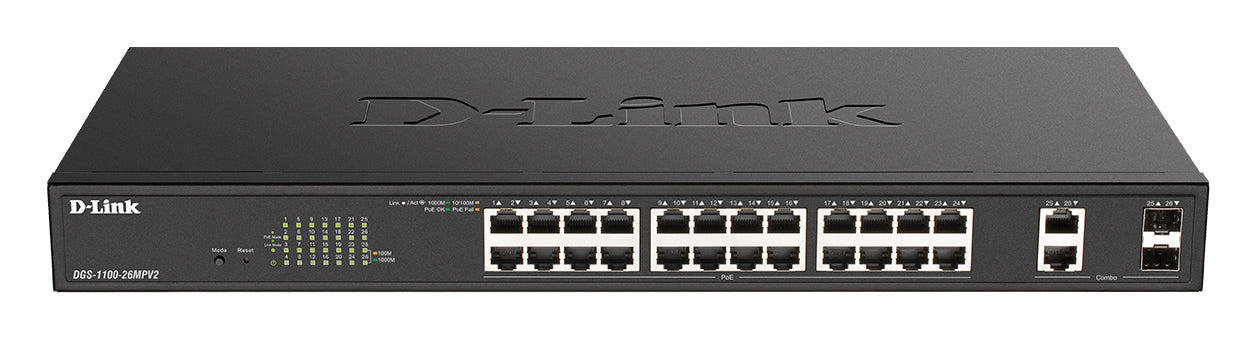 D-Link DGS 1100-26MPV2 - Commutateur - intelligent - 24 x 10/100/1000 (PoE) + 2 x SFP Gigabit combiné - de bureau, Montable sur rack - PoE (370 W)