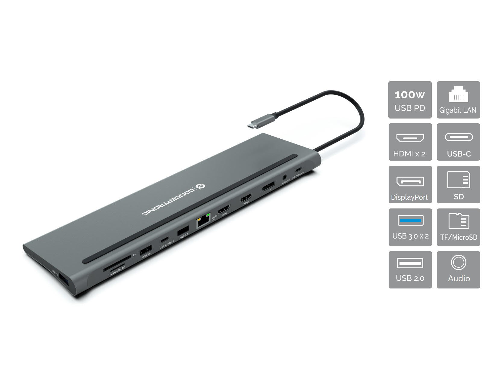 Hub USB Conceptronic 110518707101 Gris 100 W (1 Unité)