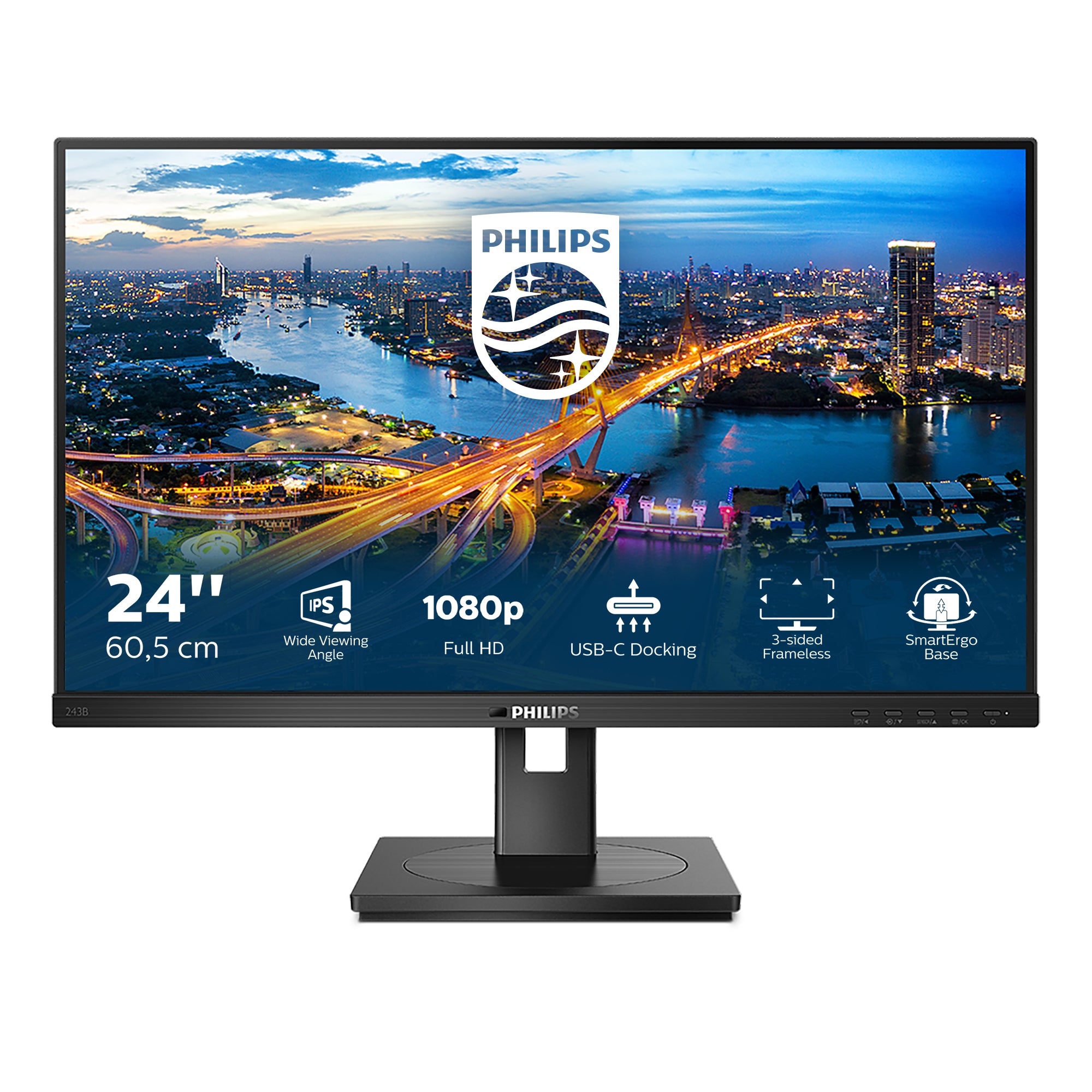 Philips 243B1 - Écran LED - 24" (23.8" visualisable) - 1920 x 1080 Full HD (1080p) @ 75 Hz - IPS - 250 cd/m² - 1000:1 - 4 ms - HDMI, DisplayPort, USB-C - haut-parleurs - texture noire