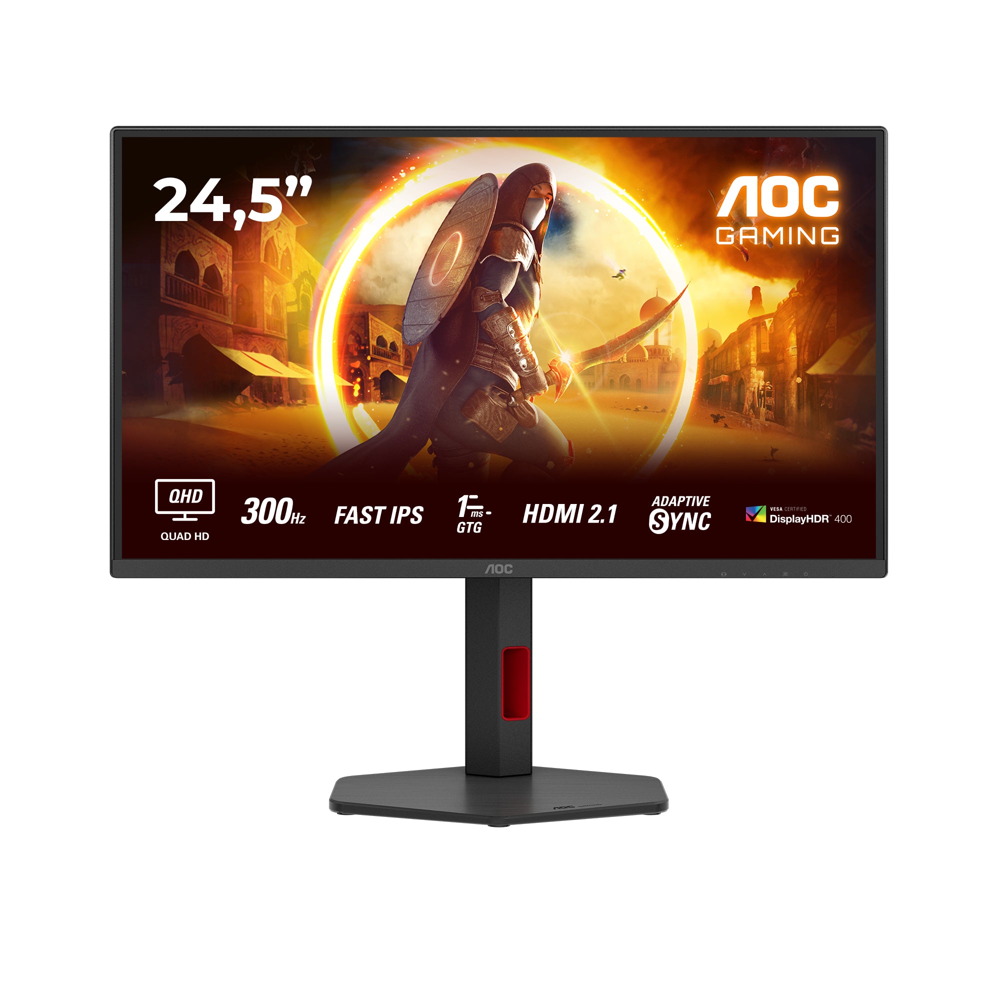 AOC Gaming Q25G4SR - Écran LED - jeux - 25" (24.5" visualisable) - 2560 x 1440 QHD @ 300 Hz - IPS - 400 cd/m² - 1000:1 - DisplayHDR 400 - 0.3 ms - 2xHDMI, DisplayPort - haut-parleurs - noir, rouge