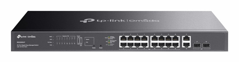 TP-Link Omada ES220GMP V1.6 - Commutateur - Géré - 16 x 10/100/1000 (PoE+) + 2 x 10/100/1000 + 2 x Gigabit SFP - Montable sur rack - PoE+ (250 W)